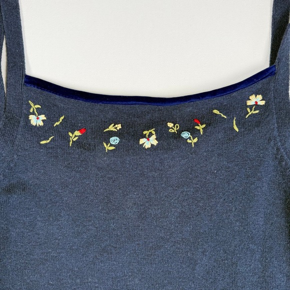 Liz Claiborne Navy‎ Blue Embroidered Floral Velvet Trim Knit Tank Top Women's L - Picture 4 of 12